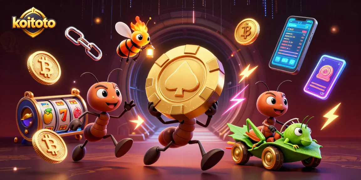 Koin slot KOITOTO bersinar saat tim semut memindahkan chip poker emas dalam aksi seru.